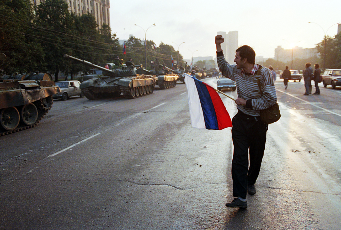 Man Cheering Passing Tanks. January 01, 1991.