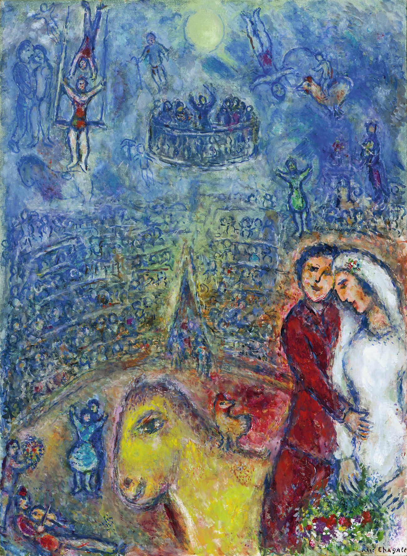 Les fiancés au cirque (1982) par Marc Chagall.