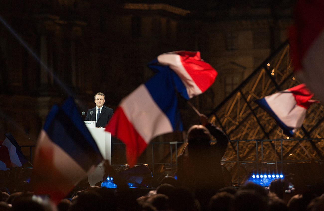 French presidential election winner, En Marche! leader Emmanuel Macron, center left, delivering his victory speech near Louvre, Paris.