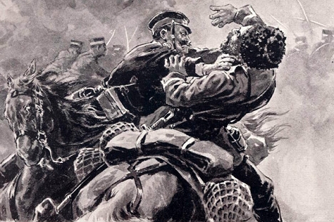 Dvoboj između japanskog vojnika i ruskog kozaka. Izvor: časopis The Russo-Japanese War, Kinkodo-Shoseki-Kabushiki-Kaisha (Kinkodo Publishing Co.), 1904.