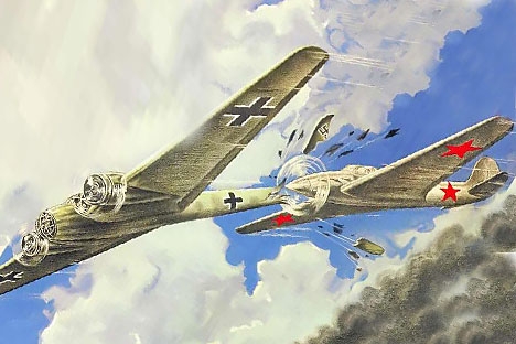 Na plakatu se avion s crvenim zvijezdama na krilima zabijao u rep njemačkog Messerschmitt. Izvor: Press Photo