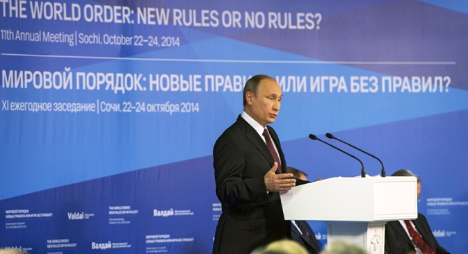 Vladimir Putin na zasjedanju međunarodnog debatnog kluba "Valdaj" u Sočiju: jednopolarni svijet je u suštini apologija diktature, i nad ljudima, i nad zemljama. Izvor: Reuters