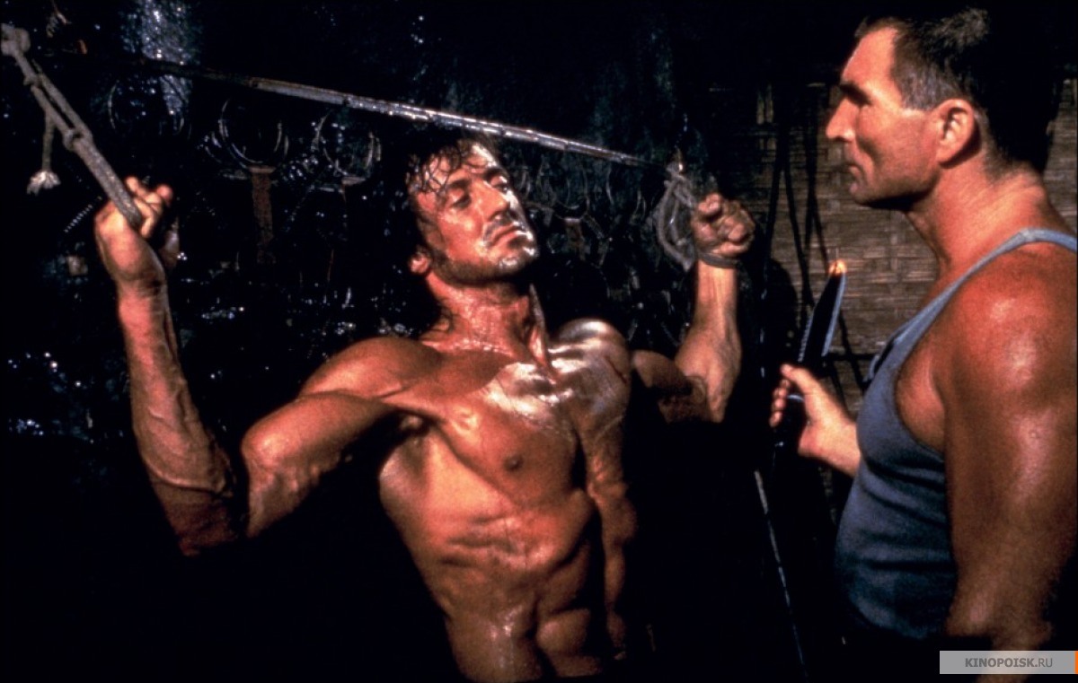 Sylvestr Stallone and Steven Berkoff in Rambo: First Blood Part II (1985).