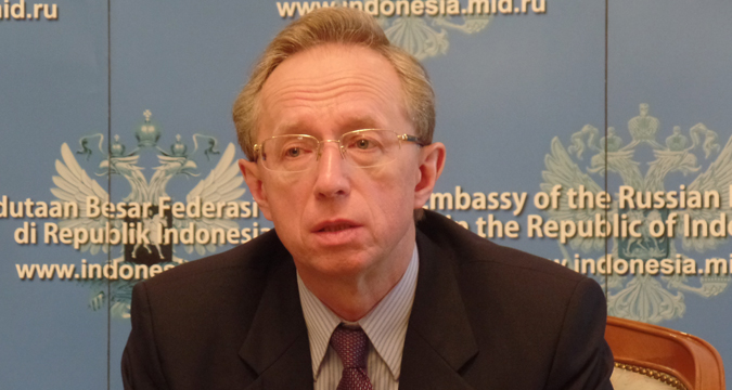Duta Besar Federasi Rusia untuk Indonesia Mikhail Galuzin dalam sesi jumpa pers di Jakarta, Kamis (25/1).
