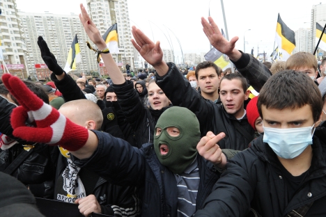 Russia's authorities became very concerned about ethnic conflicts after mass fights sparked in the country's different regions. Pictured: Participants of the Russian March rally held to mark up the National Unity Day in Moscow's Lyublino district. So