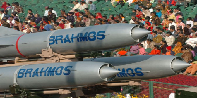 The BrahMos supersonic cruise missile, a precision-strike weapon with a range of around 290 km.