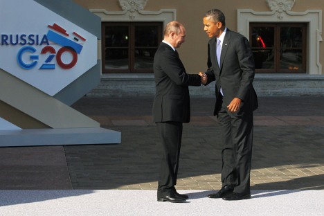 A clear sign of the strained relationship between the United States and Russia over Syria were the stiff smiles exchanged by Vladimir Putin and Barack Obama at St Petersburg. Source: Konstantin Zavrazhin / RG