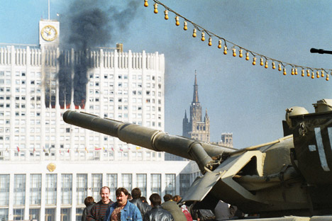 The conflict between President Boris Yeltsin and the State Duma ended with the shelling of the Russian White House. Source: Itar-Tass
