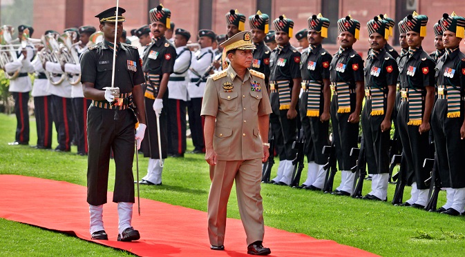 Myanmar Army Commander Gen Min Aung Hlaing on a visit to Delhi in 2012. Source: AP