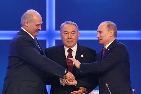 Right to left: Alexander Lukashenko, Nursultan Nazarbayev and Vladimir Putin. Source: Konstantin Zavrazhin/RG