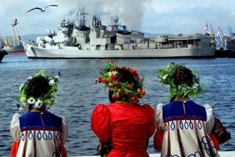 The destroyer Ranvijai is moored during the welcoming ceremony for the Indian Navy’s warships in Vladivostok. Source: Vitaliy Ankov / RIA Novosti 
