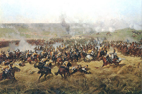 A fragment of "Battle of Borodino", panoramic painting by Franz Roubaud. This battle was famously described by Leo Tolstoy in "War and Peace". Source: Open sources