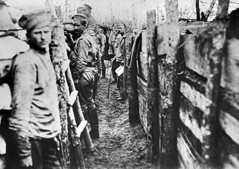 Russian soldiers inside first-line trenches near Panevezis railroad on the Dvina Front. Source: RIA Novosti