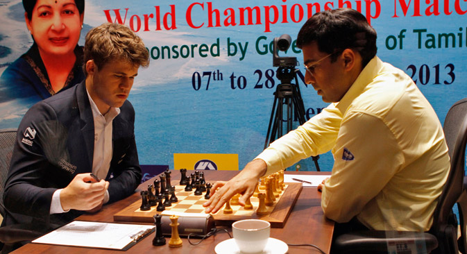 Anand (r) said that he was satisfied with his preparation for the rematch with Carlsen (l), for which he qualified by winning the Candidates tournament in Russia this year. Source: Reuters