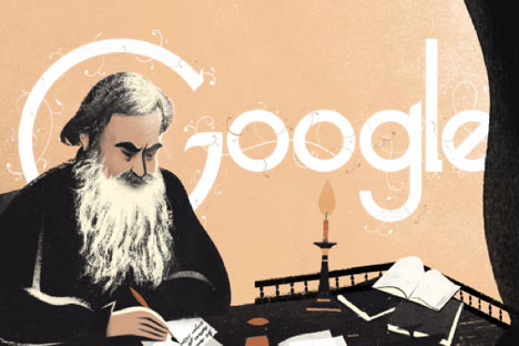 On September 9, Google featured an interactive screensaver dedicated to Tolstoy’s 186th birthday. Source: Google