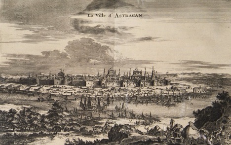 A drawing of Astrakhan in 1682 from the book, The Travels of Jean Struys in Moscow, Tatarstan and Persia