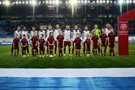 Players of the Russian national football team photographed prior to the UEFA Euro 2016 qualifier between Russia and Liechtenstein. Source: Ramil Sitdikov / RIA Novosti