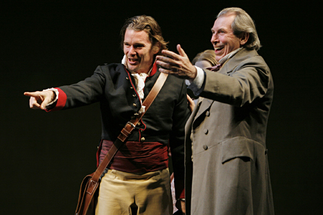 Ethan Hawke (L) and Richard Easton in a scene from ``Voyage,'' the first part of ``The Coast of Utopia,'' playwright Tom Stoppard's trilogy at the Vivian Beaumont Theater in Lincoln Center, 2006. Source: AP