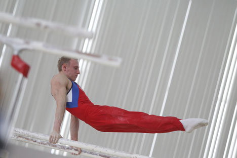 Alexander Balandin attending the training session by the Russian Olympic gymnastics team at the Ozero Krugloye Sports Center, Moscow Region. Source: Valery Melnikov / RIA Novosti