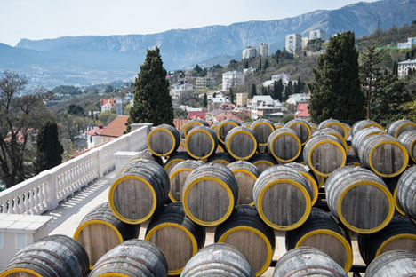 Rows of oak barrels for fermenting Madeira wine at the Massandra wine-making factory in Crimea. Source: Mikhail Mokrushin / RIA Novosti