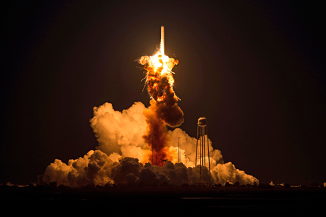 The Orbital Sciences Corporation Antares rocket, with the Cygnus spacecraft onboard suffers a catastrophic anomaly moments after launch from the Mid-Atlantic Regional Spaceport Pad 0A, Tuesday, Oct. 28, 2014, at NASA's Wallops Flight Facility in Virginia. Source: AP