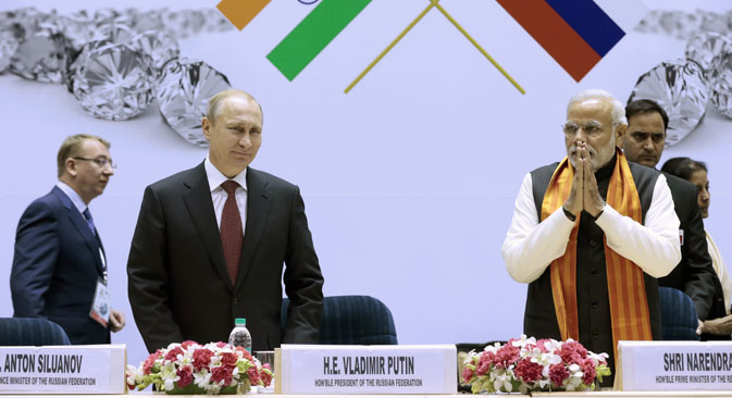 President of Russia Vladimir Putin and Indian Prime Minister Narendra Modi look on at the World Diamond Conference India. Source: Mikhail Metzel / TASS