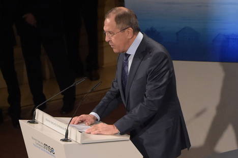 Russian Foreign Minister Sergei Lavrov delivers his speech in Munich. Source: Eduard Pessov / MFA Russia