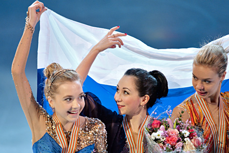Medalists of the women's singles figure skating competition at the European Figure Skating Championships in Stockholm, during the awards ceremony: Russia's Elena Radionova - 2nd place; Russia's Yelizaveta Tuktamysheva - 1st place; Russia's Anna Pogorilaya - 3rd place. Source: Vladimir Pesnya / RIA Novosti