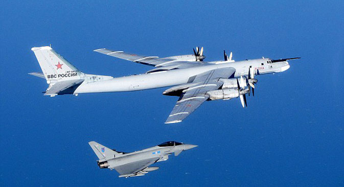 Eurofighter Typhoon multirole fighter escorting a Tu-95 Bear strategic bomber. MoD/Crown Copyright
