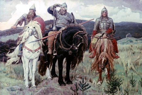 "Tri Bogatyrya" (Tiga Pahlawan) karya Viktor Vasnetsov (1898), Galeri Nasional Tretyakov, Moskow.