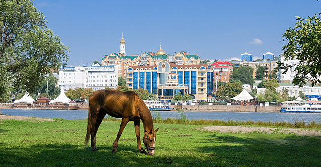Horse grazing in the background of the waterfront city of Rostov-on-Don. Source: Lori/Vostock-Photo