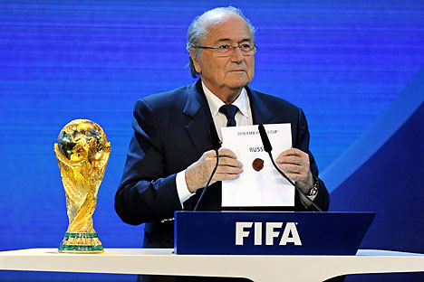 FIFA President Joseph S. Blatter announces that Russia will be hosting the 2018 Soccer World Cup during the FIFA 2018 and 2022 World Cup Bid Announcement in Zurich, Switzerland, December 2, 2010. Source: EPA