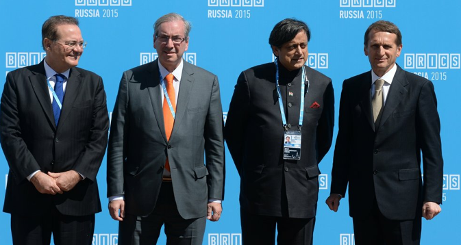 From left: President of the Federal Senate of the National Congress of the Federative Republic of Brazil Renan Calheiros, President of the Chamber of Deputies of the National Congress of the Federative Republic of Brazil Eduardo Cunha, Member for Parliament and former Minister Shashi Tharoor and Speaker of the State Duma of Russia Sergei Naryshkin at the BRICS Parliamentary Forum. Source: BRICS2015.ru