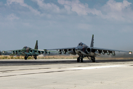 Two Russian SU-25 ground attack aircrafts take off from an airbase Hmeimim in Syria.