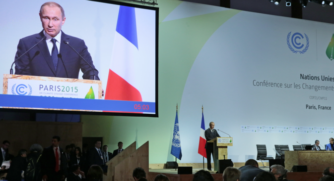 Russia's President Vladimir Putin speaks at the 2015 UN Climate Change Conference (COP21) in Le Bourget, near Paris. 