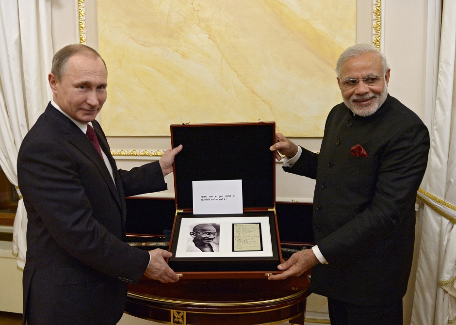 Vladimir Putin gifted Narendra Modi a page from Gandhi's diary containing his handwritten notes duringat their informal meeting at the Moscow Kremlin, December 23, 2015.