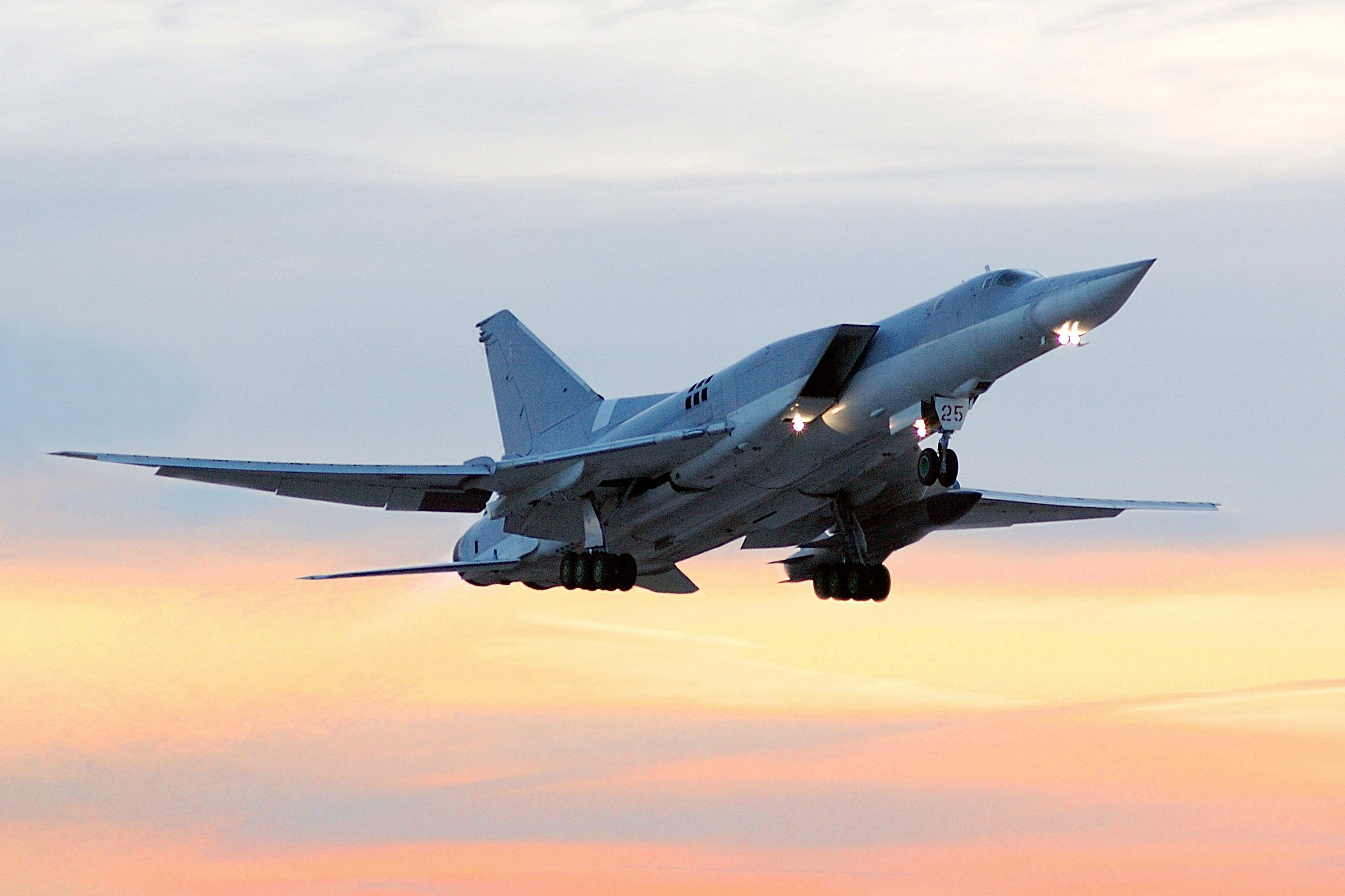 The Tupolev Tu-22, a supersonic bomber, flying over the Engels Air Force base, Saratov Region.