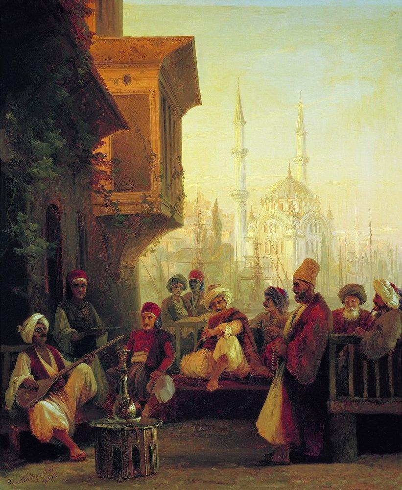 Oriental Scene. Turkish Coffee, 1846.Aivazovsky was the favorite artist of Tsar Nicolas I, a fact that helped the artist’s career progress by leaps and bounds. In the summer of 1845 he accompanied the 18-year-old Grand Prince Konstantin (the second son of Nicholas I) on his first tour around Turkey. Constantinople delighted him: “There is nothing more sublime than this city. It makes one forget both Naples and Venice,” the artist wrote.