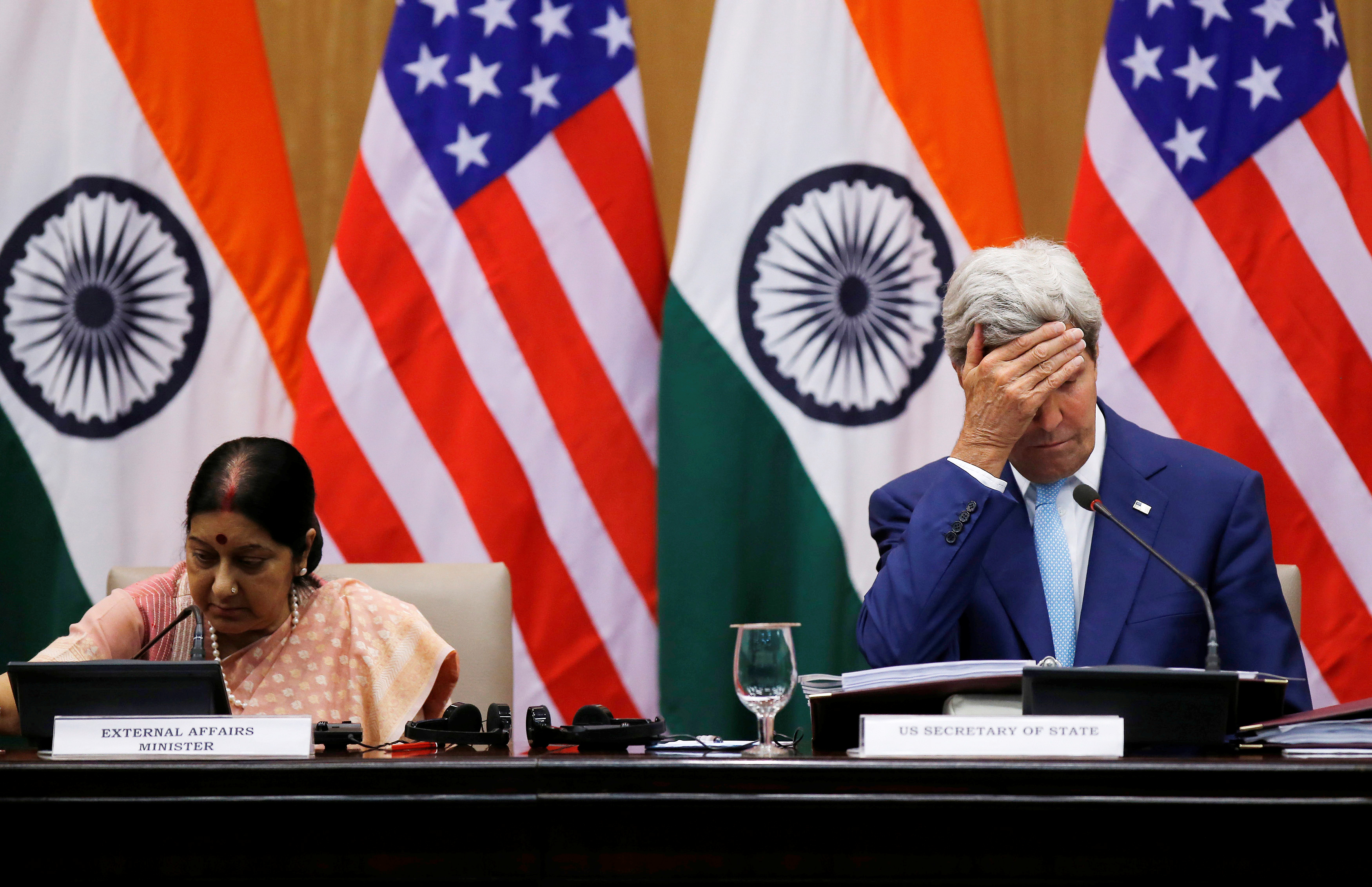 U.S. Secretary of State John Kerry and India's External Affairs Minister Sushma Swaraj during their joint news conference on August 30, 2016 in New Delhi, India.