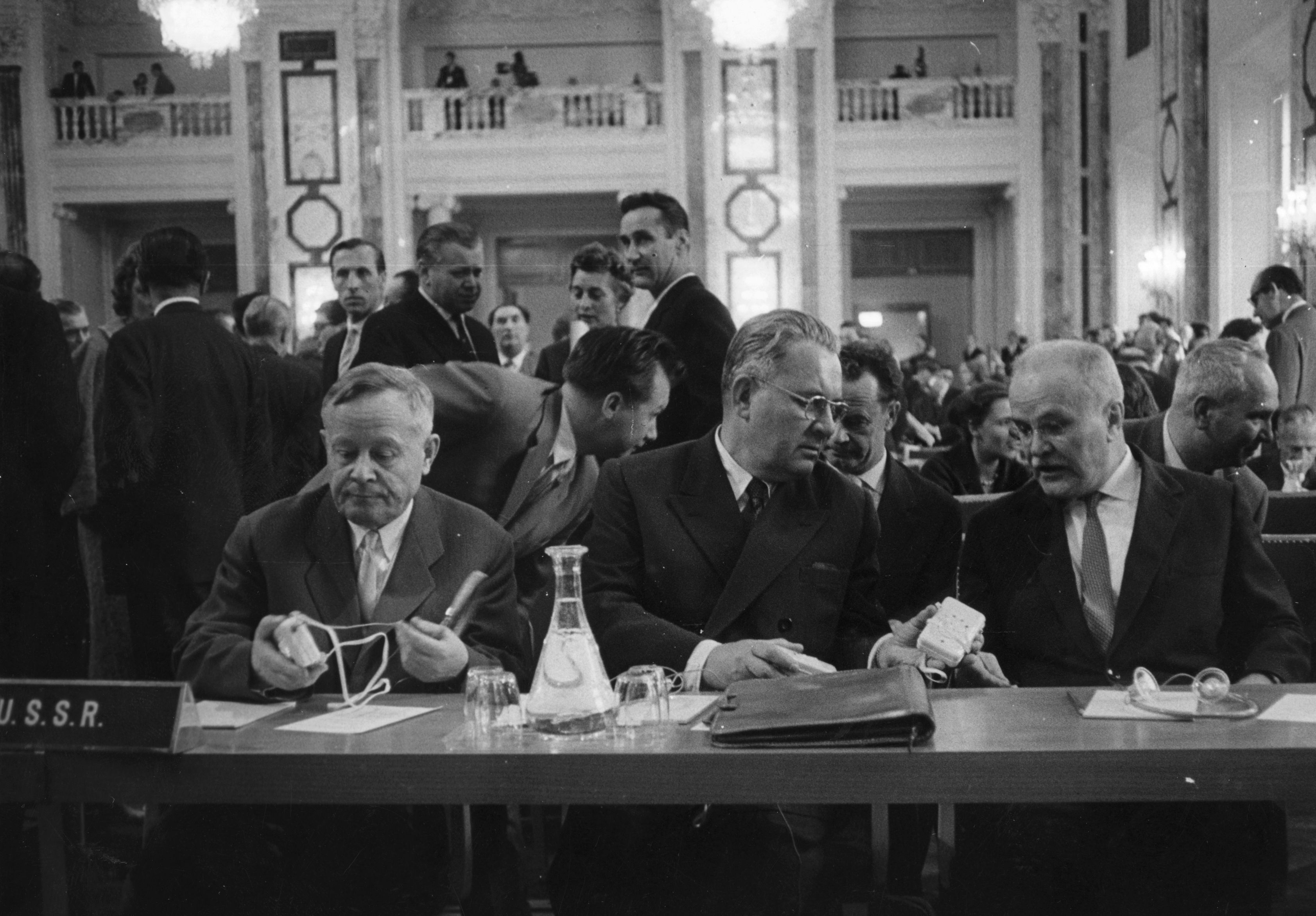 The Soviet delegation at the fourth general meeting of the International Atomic Energy Agency in Vienna in 1960. (Left to right) Professor Vasily Emelyancv, Kirill Novikov and former Soviet prime minister Vyacheslav Molotov.