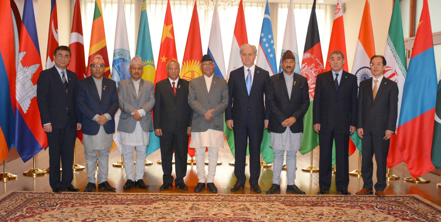 Prime Minister K.P. Sharma Oli of Nepal (5th left) at the SCO headquarters in Beijing.