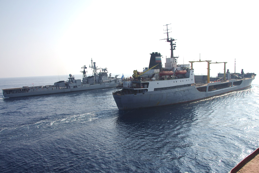 The squadron of the Russian Pacific Fleet included the large anti-submarine ship Admiral Tributs and the Boris Butom tanker ship.