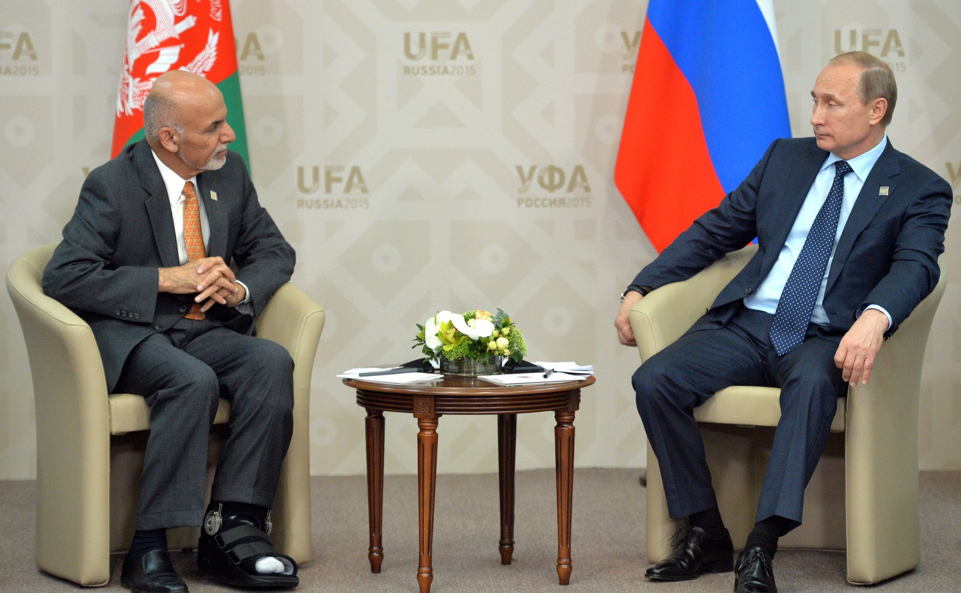 Vladimir Putin with Ashraf Ghani at the 2015 SCO summit in Ufa. Russia has repeatedly expressed its backing for the Kabul government. Source: Kremlin.ru