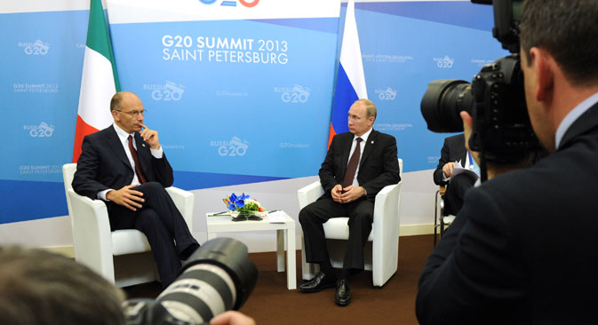 Il bilaterale a San Pietroburgo, a margine del G20, tra il Presidente della Federazione Vladimir Putin e il presidente del Consiglio Enrico Letta. Il premier italiano è l'unico leader che ha incontrato faccia a faccia il numero uno del Cremlino (Foto: Ria Novosti)
