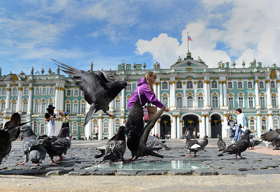 Una ragazza dà da mangiare ai piccioni davanti all’Ermitage di San Pietroburgo (Foto: Getty Images)