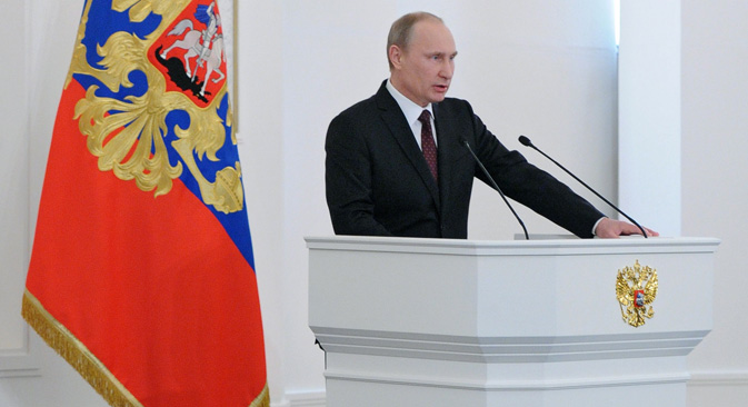 ウラジーミル・プーチン大統領の連邦議会あての年次教書。＝ロシア通信撮影