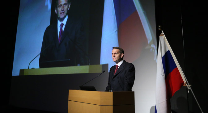 総会・メインフォーラムでは、セルゲイ･ナルイシキン・ロシア連邦下院（国家会議）議長が講演を行った。＝コンスタンチン・ザヴラージン撮影／ロシア新聞
