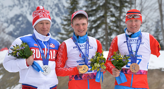 러시아 선수들은 10km 자유형 입식 레이스에서도 인상적인 성적을 보여줬다. 알렉산드르 프론코프가 1위로 결승선을 끊었고 블라디미르 코노노프와 블라디슬라프 레콤체프가 각각 2위와 3위로 그 뒤를 이었다. (사진제공=리아 노보스티)