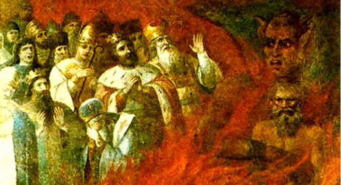 „Лав Толстој у загрљају Сатане“. Ова фреска из 1883. налазила се на зиду Знаменске цркве у селу Тазово у Курској Области. Сада је део збирке Музеја историје религије (некадашњег Музеја историје религије и атеизма, основаног 1932) у Санкт Петербургу. Фотографија из слободних извора.
