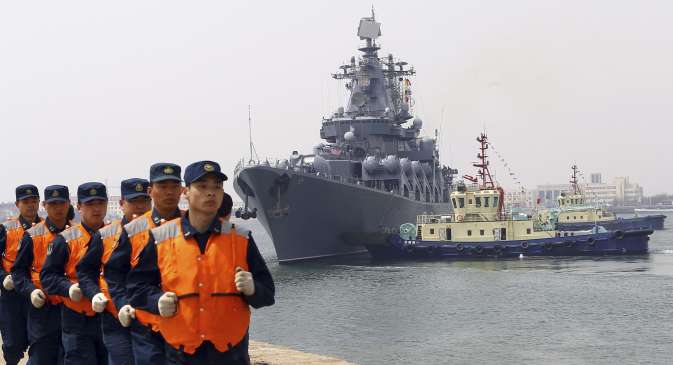 Chinese naval personnel at the 2015 Russia-China Joint Sea Drills.